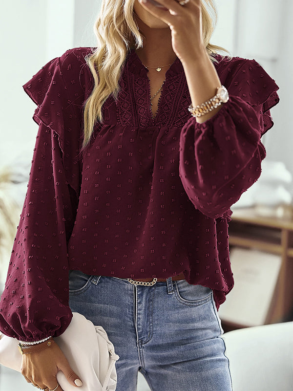 Long Sleeves Loose Elasticity Jacquard Ruffle Trim Solid Color Split-Joint V-Neck Blouses&Shirts Tops