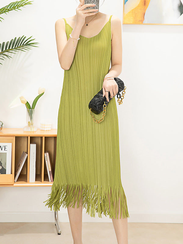 Loose Sleeveless Pleated Solid Color Tasseled Spaghetti-Neck Midi Dresses