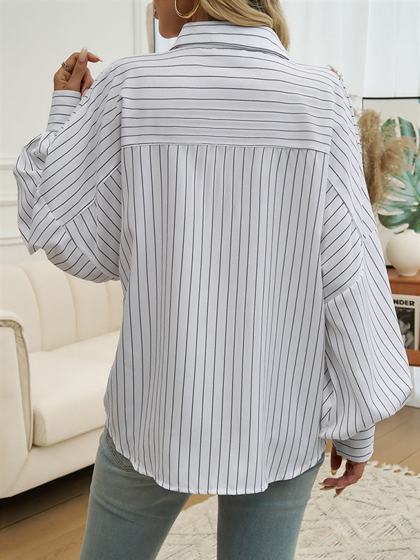 Long Sleeves Loose Buttoned Contrast Color Pleated Pockets Striped Lapel Blouses&Shirts Tops