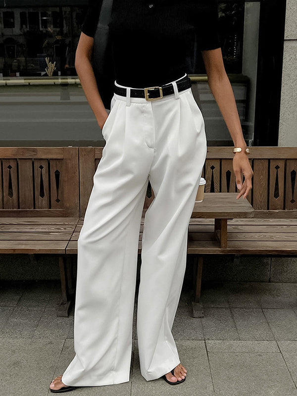 High Waisted Loose No Belt Pleated Solid Color Pants Trousers