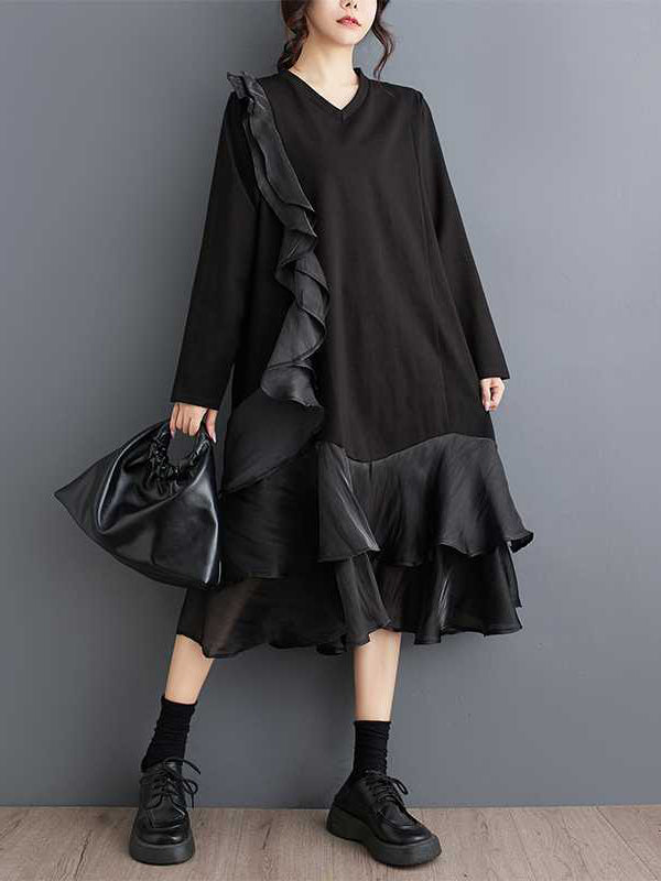 A-Line Long Sleeves Contrast Color Pockets Ruffle Trim Split-Joint V-Neck Midi Dresses