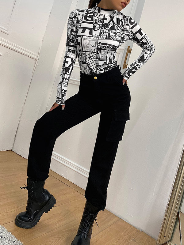 Long Sleeves Skinny Contrast Color Printed Mock Neck T-Shirts Tops