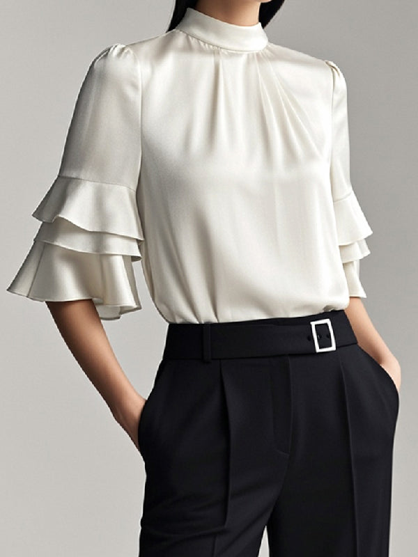 Half Sleeves Loose Layered Pleated Solid Color Split-Joint Mock Neck Blouses&Shirts Tops