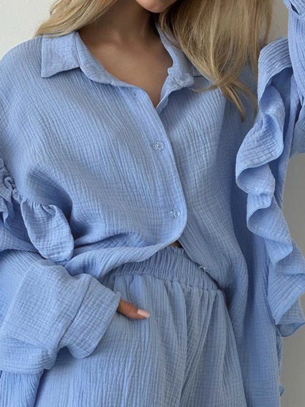 Long Sleeves Loose Buttoned Ruffle Trim Solid Color Split-Joint Lapel Blouses Tops + Elasticity Shorts Bottom Two Pieces Set