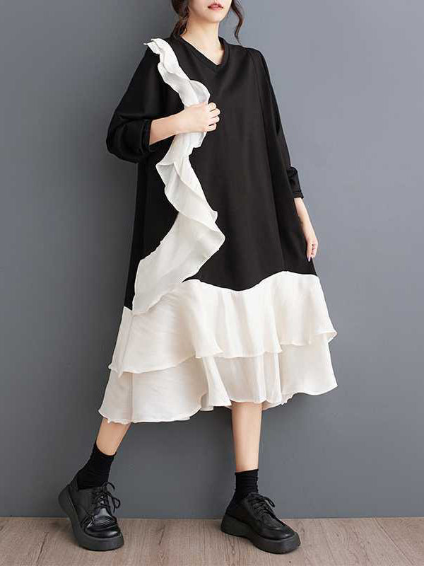 A-Line Long Sleeves Contrast Color Pockets Ruffle Trim Split-Joint V-Neck Midi Dresses