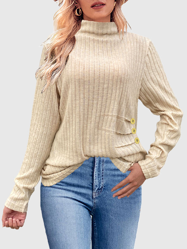 Long Sleeves Loose Buttoned Pleated Solid Color High Neck T-Shirts Tops