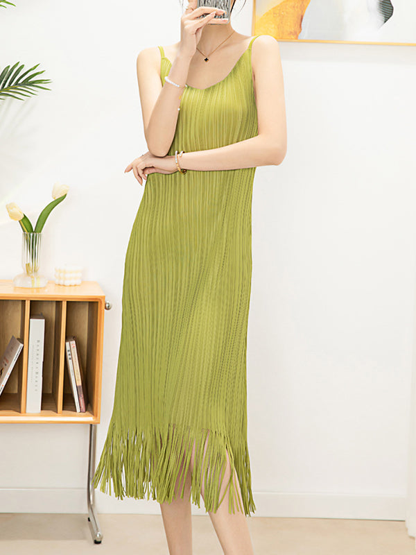 Loose Sleeveless Pleated Solid Color Tasseled Spaghetti-Neck Midi Dresses