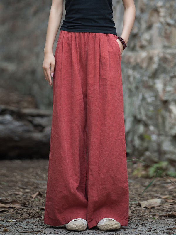 Loose Wide Leg Elasticity Pleated Pockets Solid Color Pants Trousers