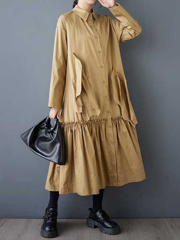 A-Line Long Sleeves Buttoned Pleated Pockets Solid Color Split-Joint Lapel Midi Dresses