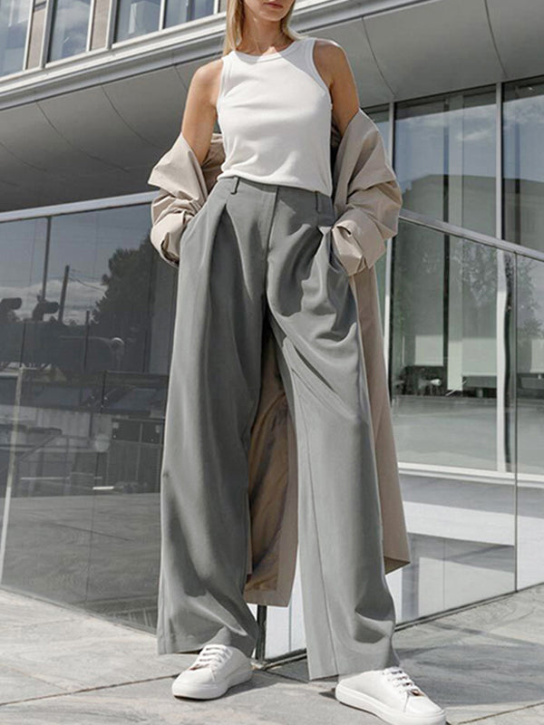 High Waisted Wide Leg Pleated Pockets Solid Color Suit Pants Trousers