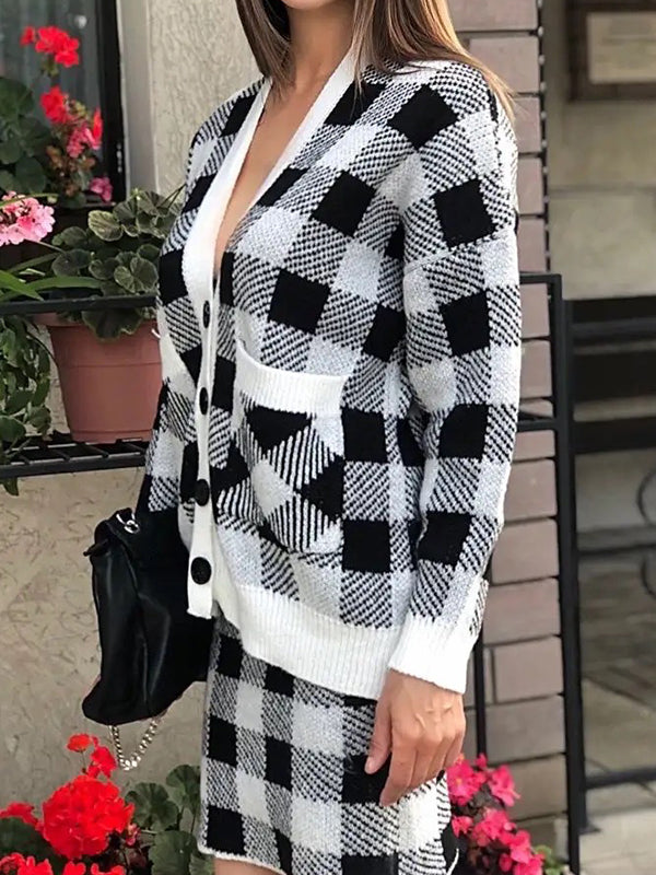 Long Sleeves Loose Buttoned Plaid Pockets Split-Joint V-Neck Cardigan Tops + Skirts Bottom Two Pieces Set