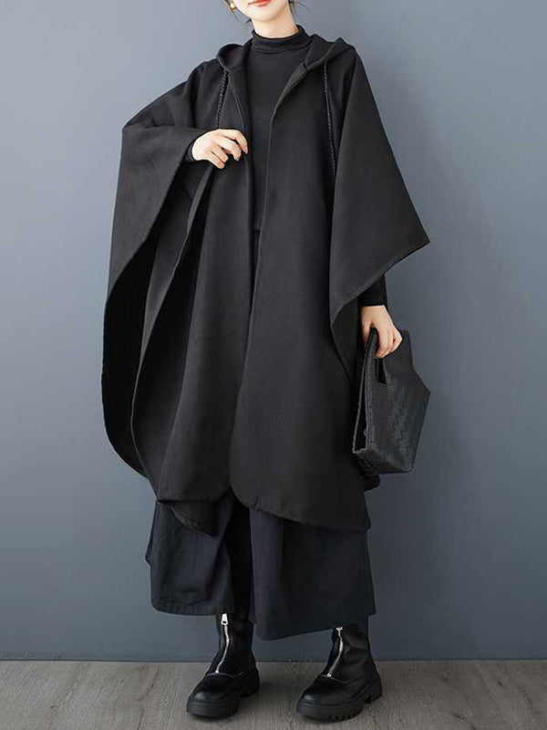 Batwing Sleeves Hooded Drawstring Pockets Split-Joint Tasseled Zipper Cape Outerwear Trench Coats