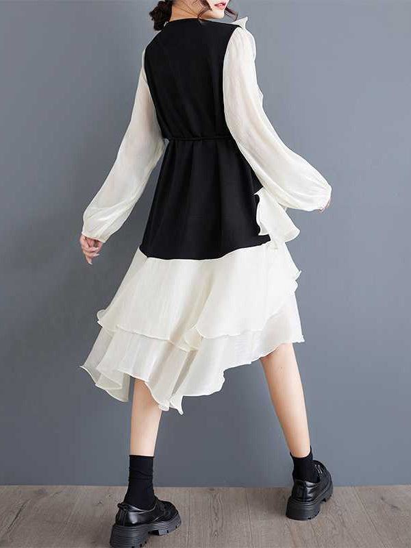 High-Low Long Sleeves Contrast Color Ruffle Trim Split-Joint Round-Neck Midi Dresses