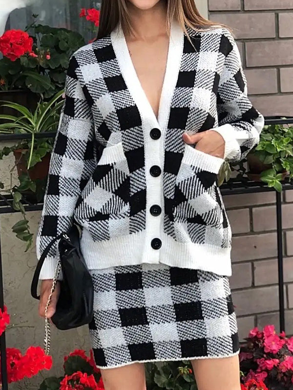 Long Sleeves Loose Buttoned Plaid Pockets Split-Joint V-Neck Cardigan Tops + Skirts Bottom Two Pieces Set