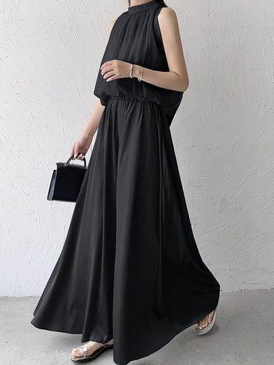 High Waisted Loose Elasticity Pleated Solid Color Culotte Pants