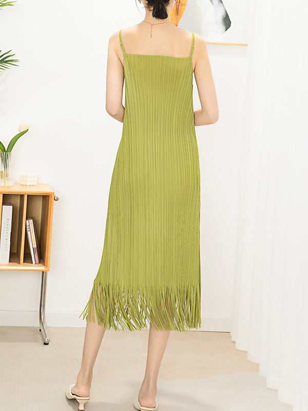 Loose Sleeveless Pleated Solid Color Tasseled Spaghetti-Neck Midi Dresses