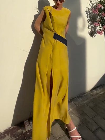 Loose Sleeveless Asymmetric Contrast Color Split-Side Tied Round-Neck Maxi Dresses