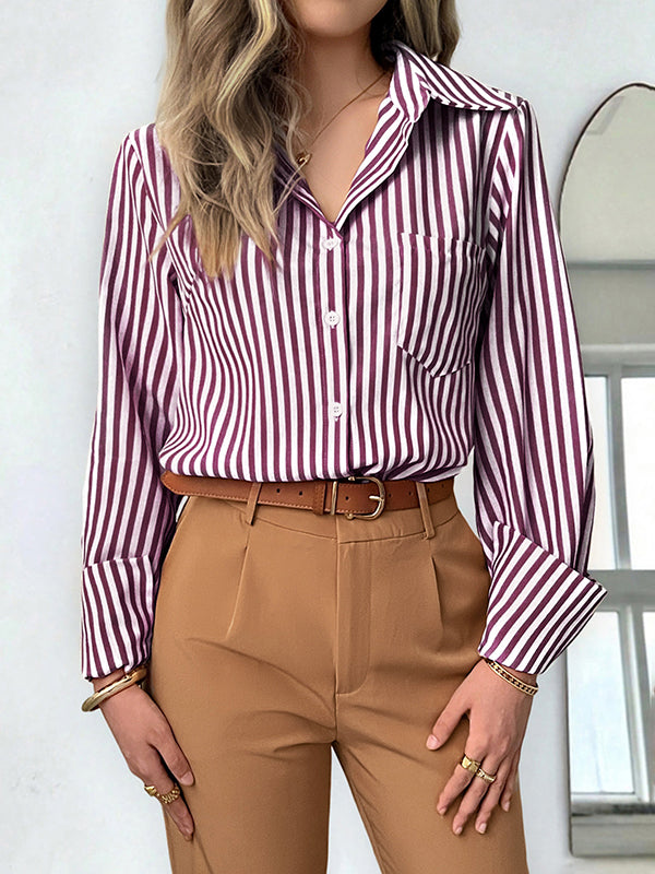 Long Sleeves Loose Buttoned Contrast Color Pockets Striped Lapel Blouses&Shirts Tops