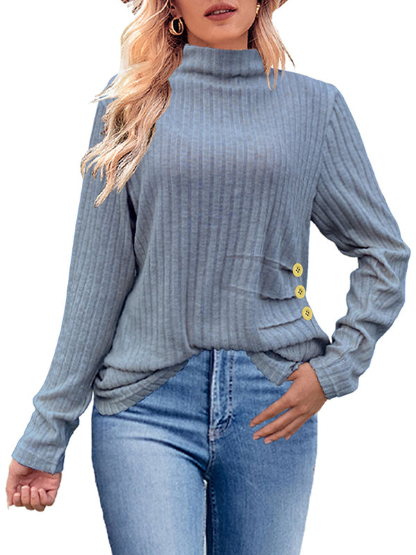 Long Sleeves Loose Buttoned Pleated Solid Color High Neck T-Shirts Tops