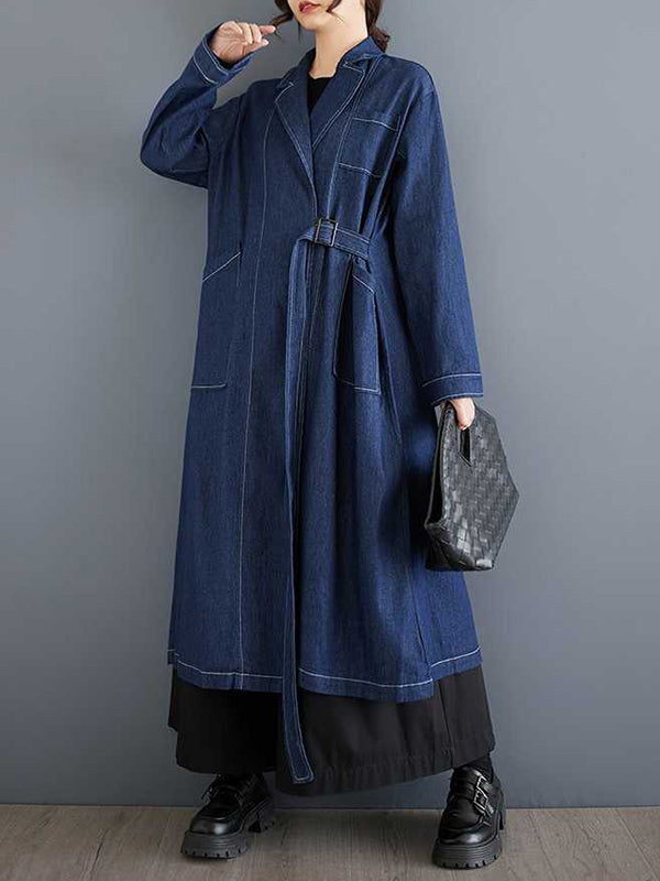 Long Sleeves Loose Buckle Pockets Solid Color Split-Joint Notched Collar Outerwear Trench Coats