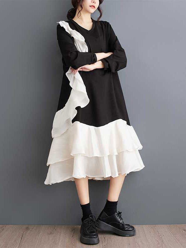 A-Line Long Sleeves Contrast Color Pockets Ruffle Trim Split-Joint V-Neck Midi Dresses