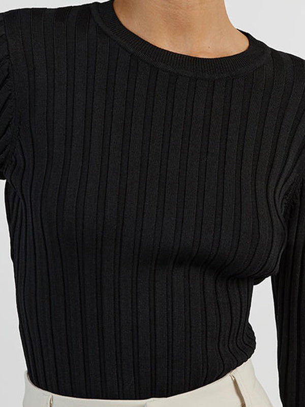 Long Sleeves Skinny Pleated Ruffled Solid Color Split-Joint Round-Neck T-Shirts Tops