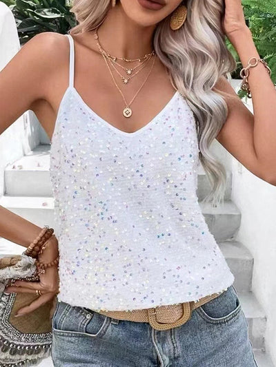 Loose Sleeveless Sequined Deep V-Neck Vest Top