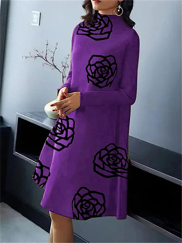 A-Line Long Sleeves Flower Print Mock Neck Midi Dresses