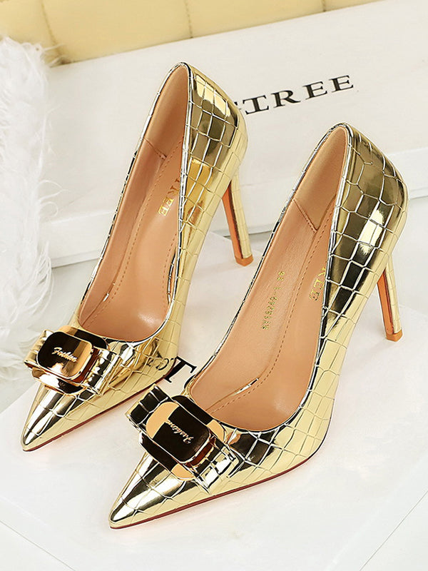 Belt Buckle Pointed-Toe Shiny Split-Joint Pumps