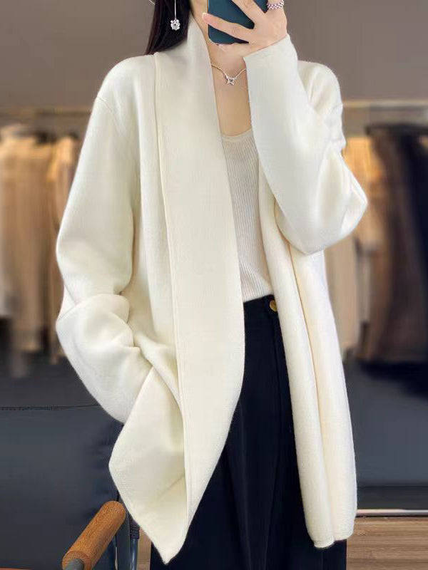 Long Sleeves Loose Solid Color Tied Waist V-Neck Cardigan Tops