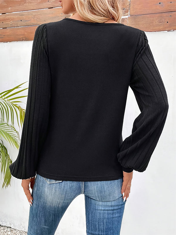 Long Sleeves Loose Contrast Color V-Neck T-Shirts Tops