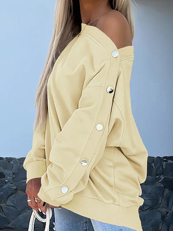 Long Sleeves Loose Buttoned Solid Color Split-Joint One-Shoulder Sweatshirt Tops