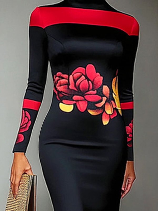 Bodycon Long Sleeves Flower Print High Neck Midi Dresses