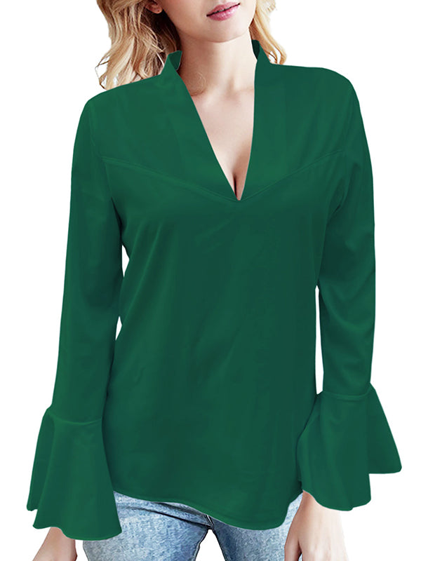 Flared Sleeves Long Sleeves Rhine Stones Solid Color V-Neck Blouses&Shirts Tops