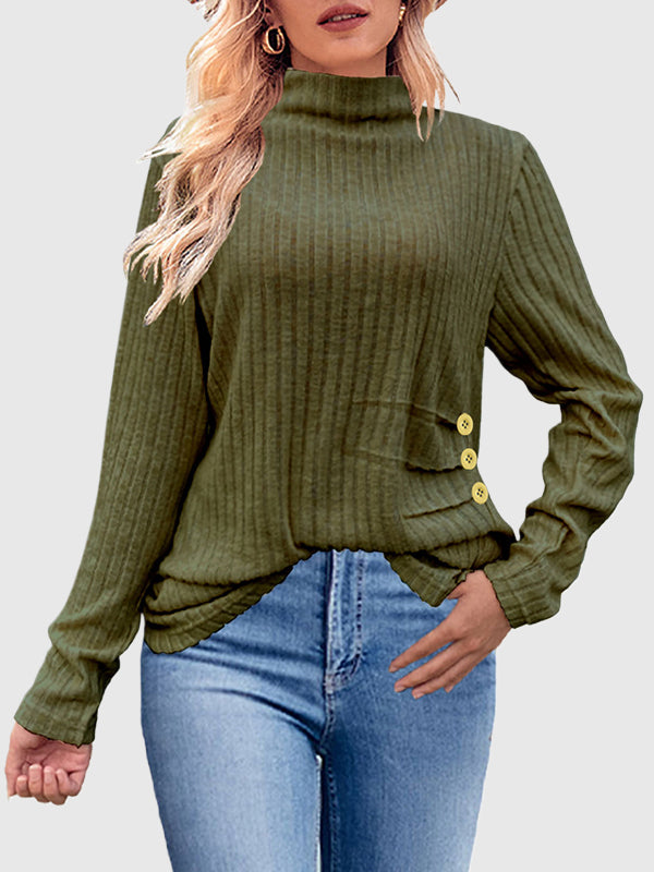 Long Sleeves Loose Buttoned Pleated Solid Color High Neck T-Shirts Tops