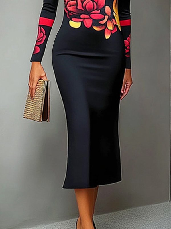 Bodycon Long Sleeves Flower Print High Neck Midi Dresses