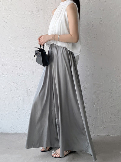 High Waisted Loose Elasticity Pleated Solid Color Culotte Pants