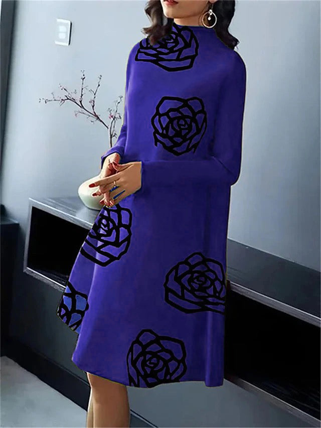 A-Line Long Sleeves Flower Print Mock Neck Midi Dresses