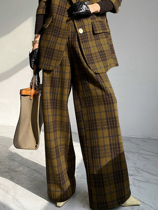 High Waisted Loose Plaid Split-Joint Pants Trousers