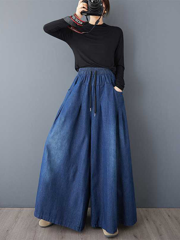 High Waisted Loose Drawstring Elasticity Pleated Pockets Jean Pants Bottoms