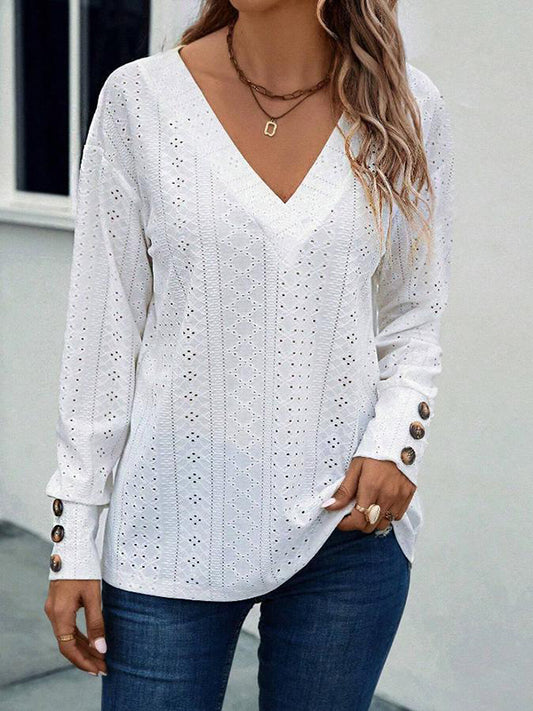 Long Sleeves Loose Buttoned Solid Color V-Neck T-Shirts Tops