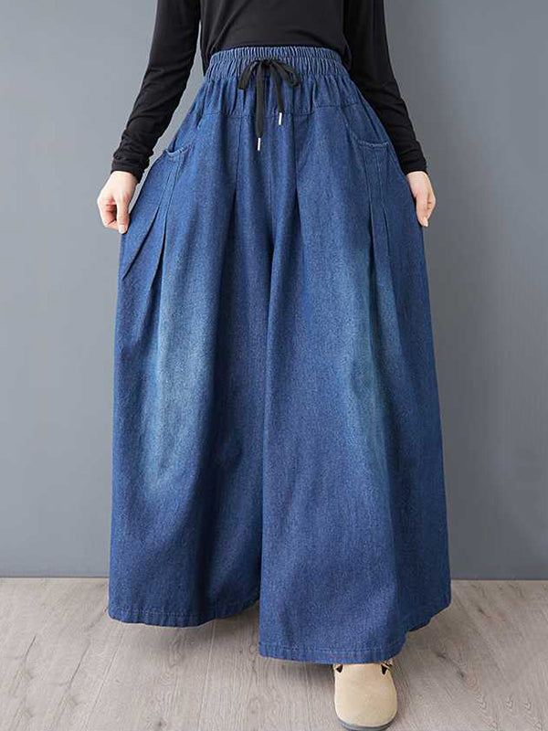 High Waisted Loose Drawstring Elasticity Pleated Pockets Jean Pants Bottoms