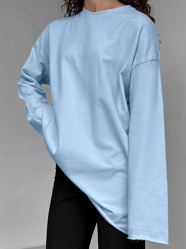 Long Sleeves Loose Solid Color Round-Neck T-Shirts Tops