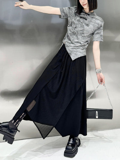 High Waisted Irregularity Asymmetric Drawstring Elasticity See-Through Solid Color Split-Joint Skirts