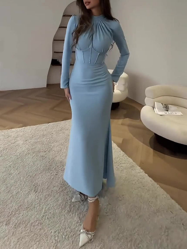 Bodycon Long Sleeves Pleated Solid Color Tied Zipper Mock Neck Maxi Dresses