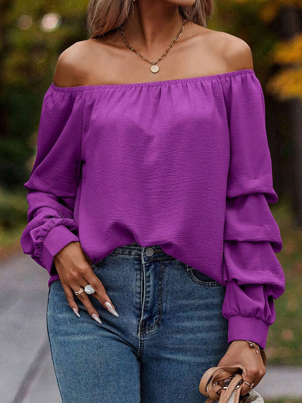 Long Sleeves Loose Elasticity Pleated Solid Color Off-The-Shoulder Blouses&Shirts Tops