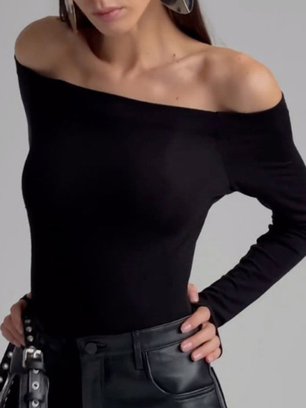 Long Sleeves Skinny Solid Color Split-Joint Off-The-Shoulder T-Shirts Tops