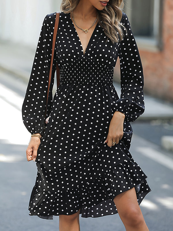 Long Sleeves Loose Elasticity Pleated Polka-Dot Split-Joint V-Neck Midi Dresses