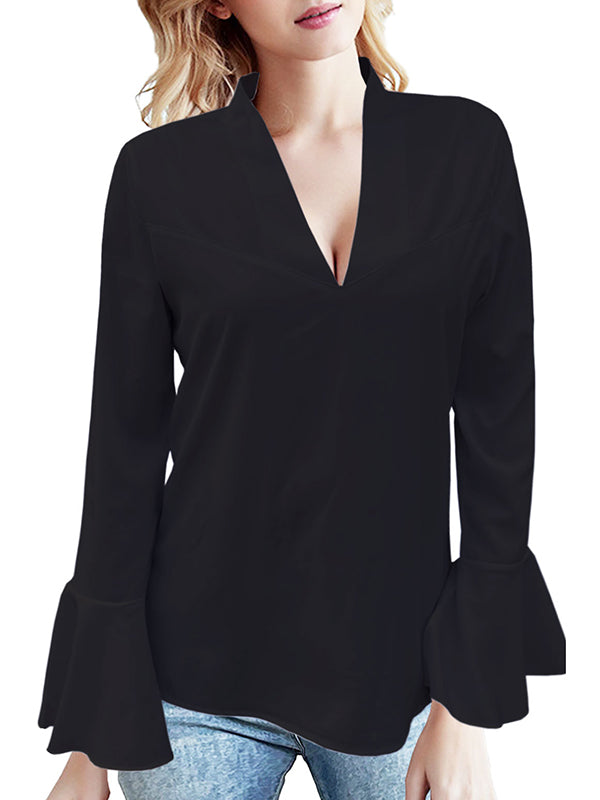 Flared Sleeves Long Sleeves Rhine Stones Solid Color V-Neck Blouses&Shirts Tops