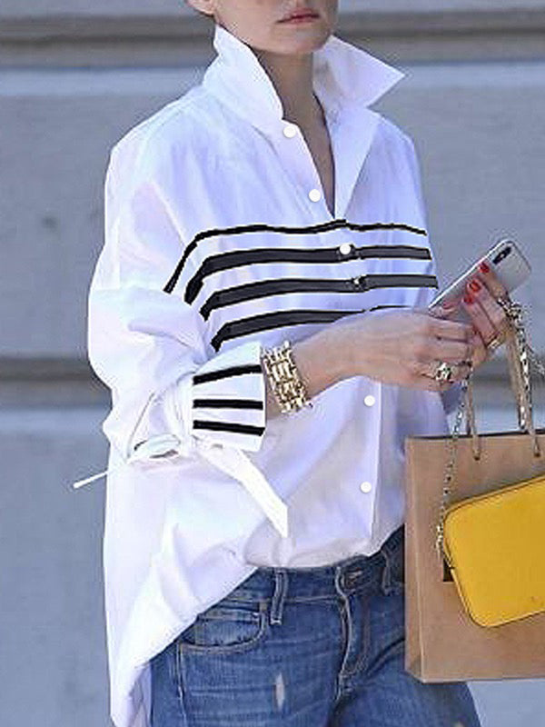 Flared Sleeves Long Sleeves Buttoned Contrast Color Split-Joint Striped Stand Collar Blouses&Shirts Tops